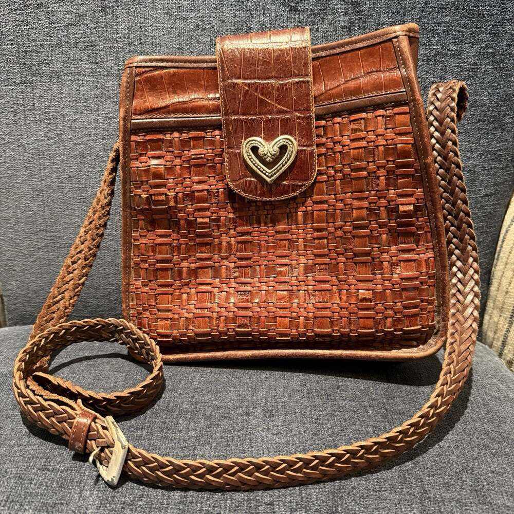 Vintage Brighton Brown Woven Leather Crossbody Bag Braided Strap Heart Clasp